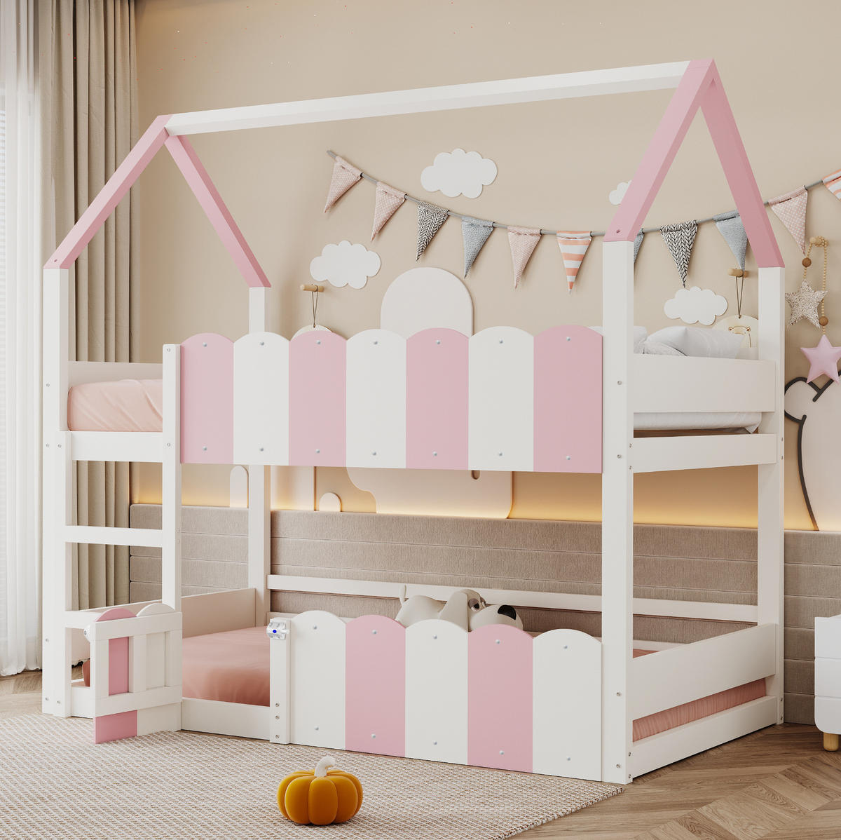 ETAGENBETT aus Holz 90x200 cm Rosa/Weiß mit Hausdesign, Sicherheitsgeländern und Klapptür - Pink, Holz (90/200cm) - Modfu