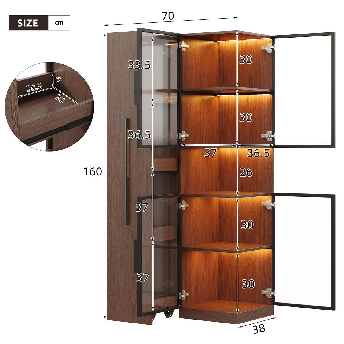 VITRINE 70cm Walnuss Glas LED Ausziehregal modern - Braun, Holzwerkstoff (70/160/38cm) - FLIEKS