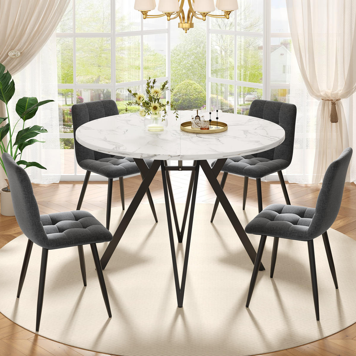 ESSTISCHSET 5-Teilig Rund 100 Cm, MDF Marmor, 4 Graue Leinenstühle, Schwarz - Schwarz, Naturmaterialen (68/14.5/97.51cm) - FLIEKS