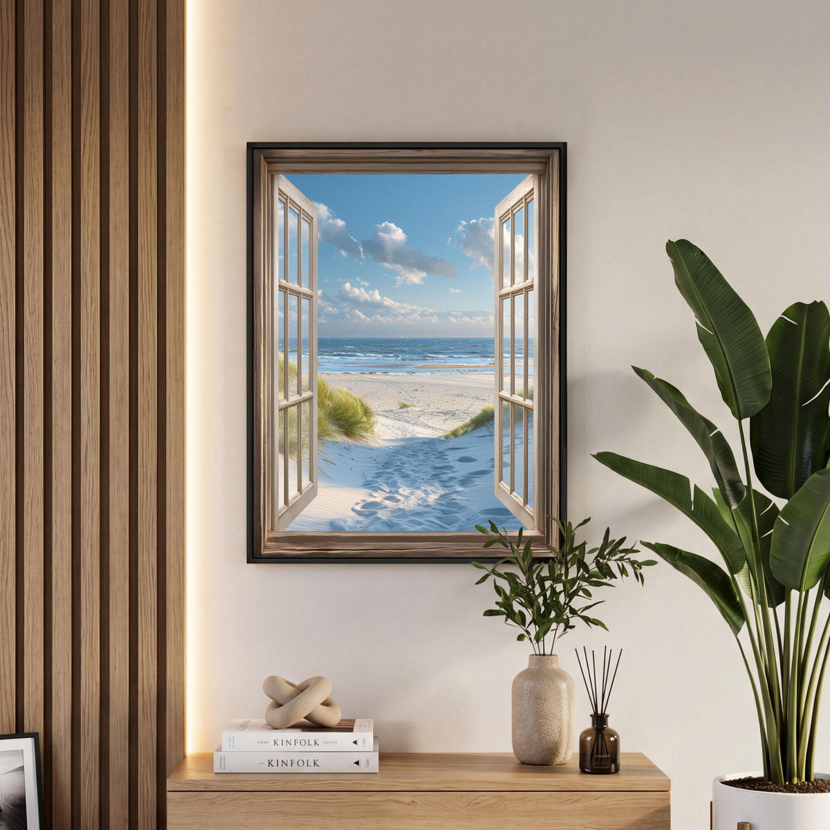 LEINWAND Bilder mit Rahmen - Aussicht - Strand - Fenster - Dünen - Meer - 60x80 - Hellblau, Textil (60/80cm) - MuchoWow