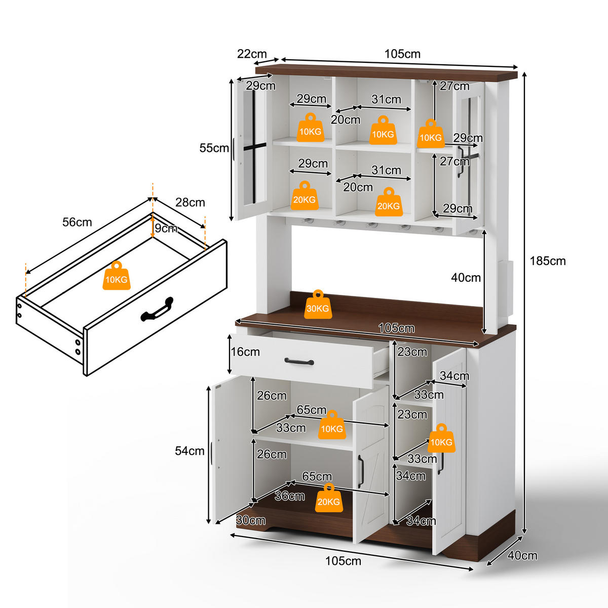 BUFFET 105/40/185 cm Weiß mit 1 Schubladen, farbwechselnder LED-Beleuchtung und Steckdosen - Weiß, Holz (105/185/40cm) - Oxeza