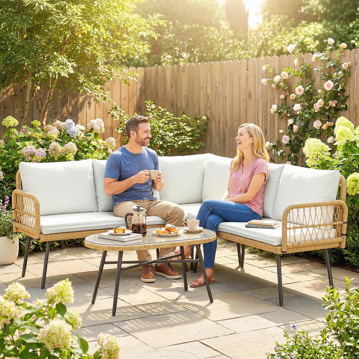 LOUNGESET 4 TLG. aus Polyrattan Stahl Cremeweiß - Transparent/Creme, Kunststoff/Metall - Outsunny