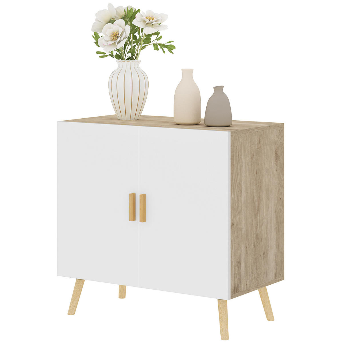 SIDEBOARD Weiß-Natur, Bambusgriffe, 76/41,2/74 cm - Naturfarben, Holz (76/74/41.2cm) - PANGIVO