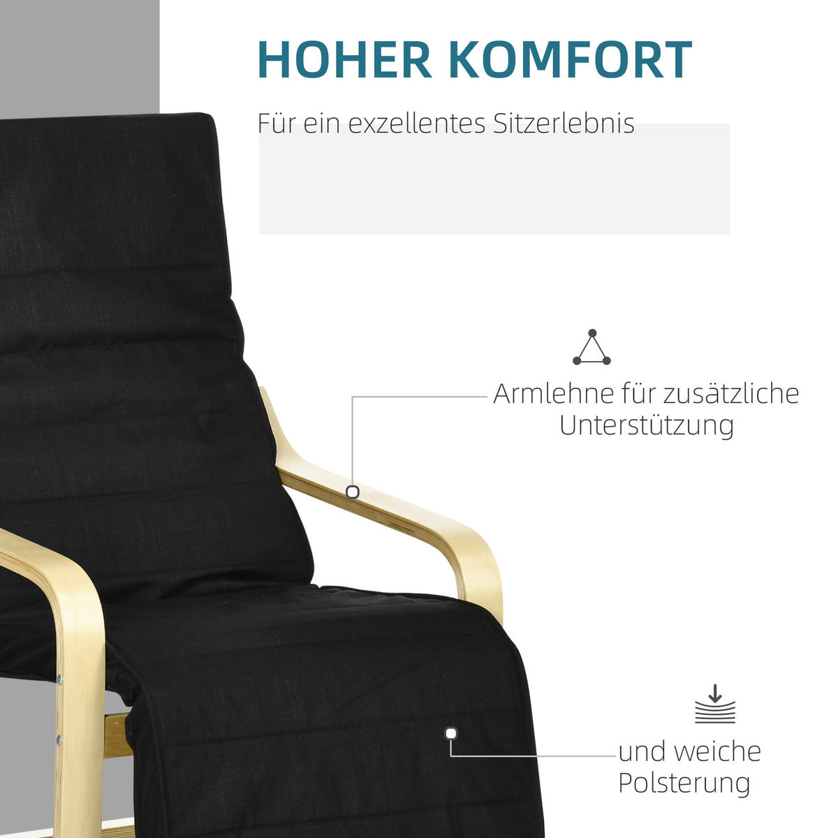 RELAXSESSEL Schwingstuhl, Ruhesessel, Relaxstuhl mit Verstellbarem Fußteil - Schwarz, Holz (94/100/66.5cm) - HOMCOM