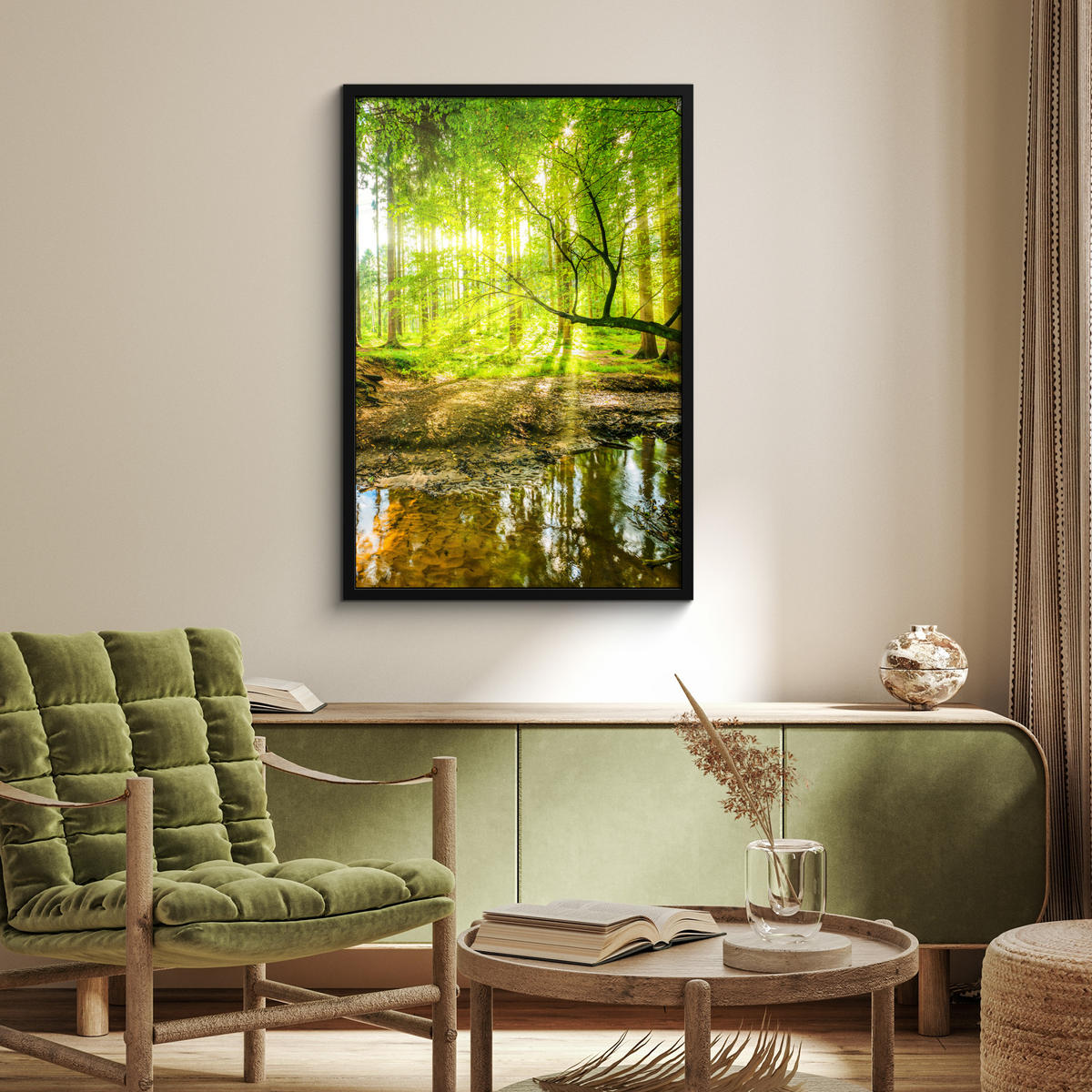 POSTER MIT RAHMENGERAHMTES BILD Wald - Landschaft - Wasser - Bäume - Sonne - Grün - Natur 60x90 cm - Grün, Papier (60/90cm) - MuchoWow