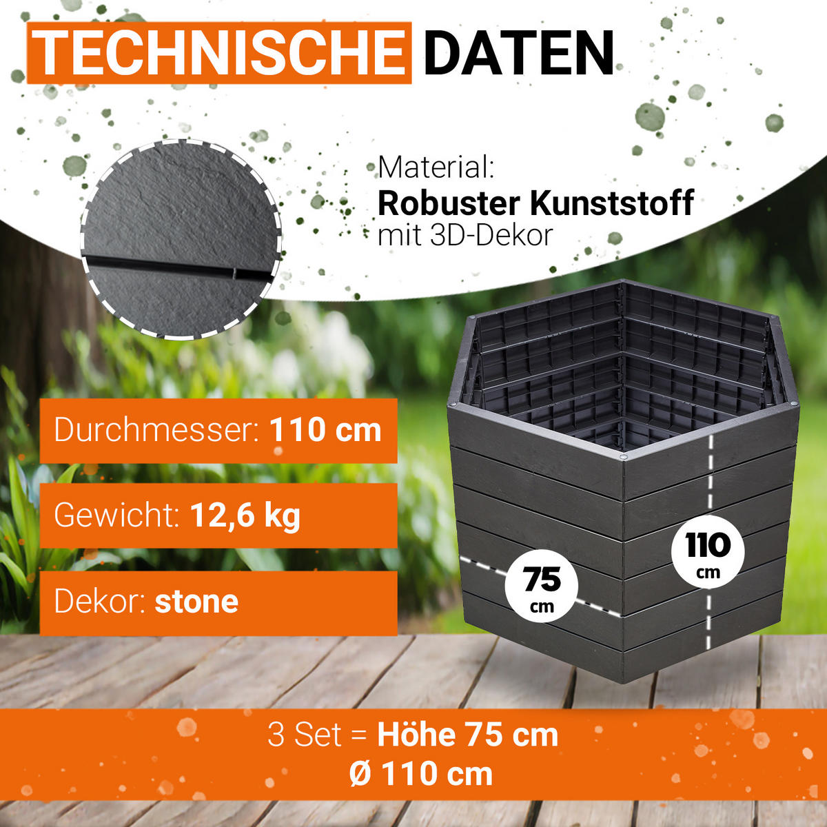 HOCHBEET Stony L 75 - Anthrazit, Kunststoff (110/75/56.8cm) - GARANTIA