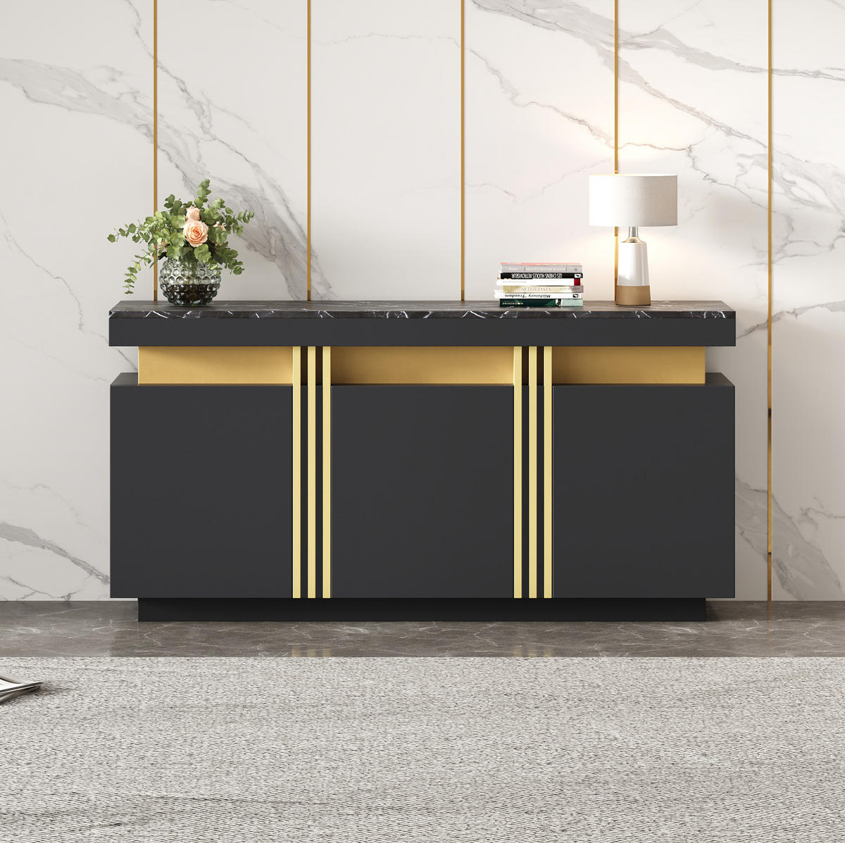 SIDEBOARD 140/38/70 cm in Schwarz mit 3 Türen und verstellbaren Einlegeböden - Schwarz, Holzwerkstoff (140/70/38cm) - Flora Grace
