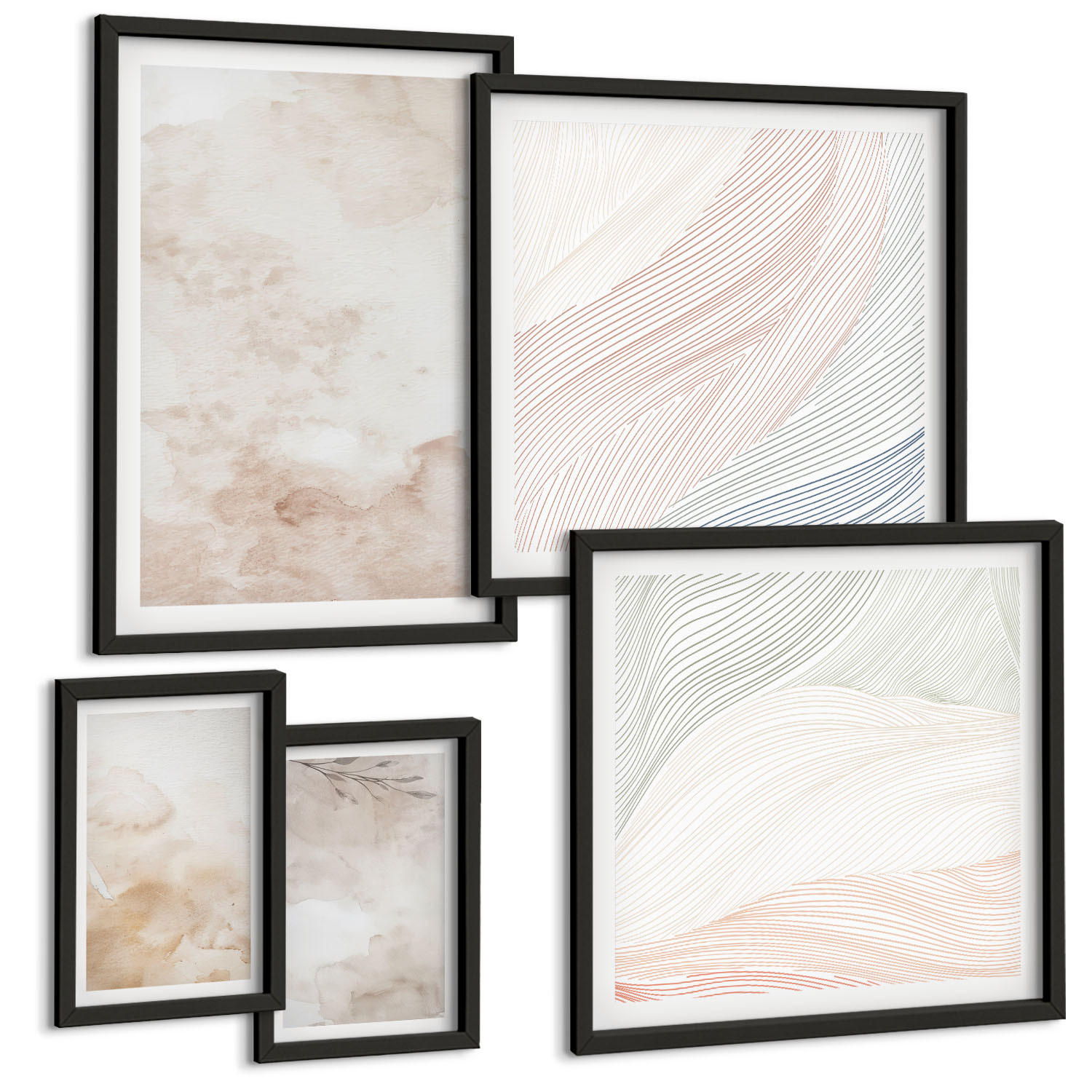 BILDER SET 5er Set - 50x50 cm & 20x30 cm & 40x60 cm Schwarzer Rahmen - Aquarellblätter in Pastellfarben - Schwarz, Kunststoff (40/60cm) - TULUP
