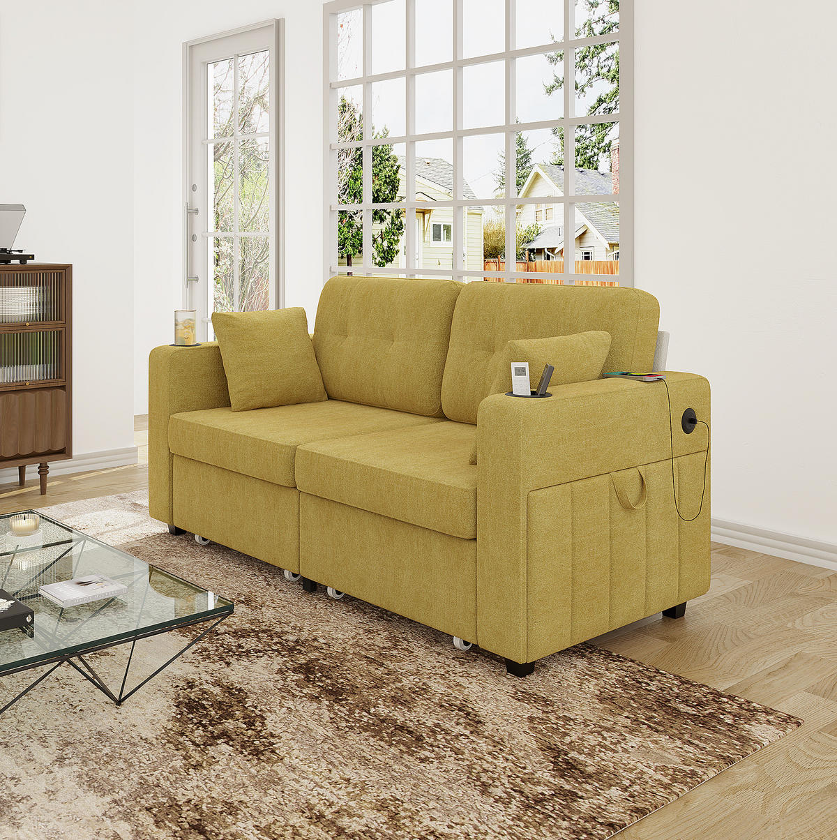 2-SITZER Sofa 172/75/82 cm mit USB-Anschlüssen, Stauraumschubladen und Getränkehaltern, Chenille, Senfgelb - Gelb, Textil (172/82/75cm) - Redom