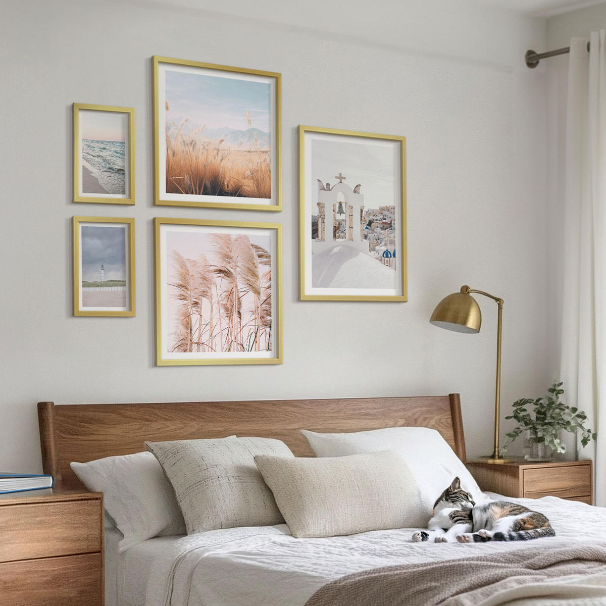 BILDER SET 5er Set - 50x50 cm & 20x30 cm & 40x60 cm Goldrahmen - Pflanzen, Meereswellen, Aussicht, Häuser - Goldfarben, Kunststoff (40/60cm) - TULUP
