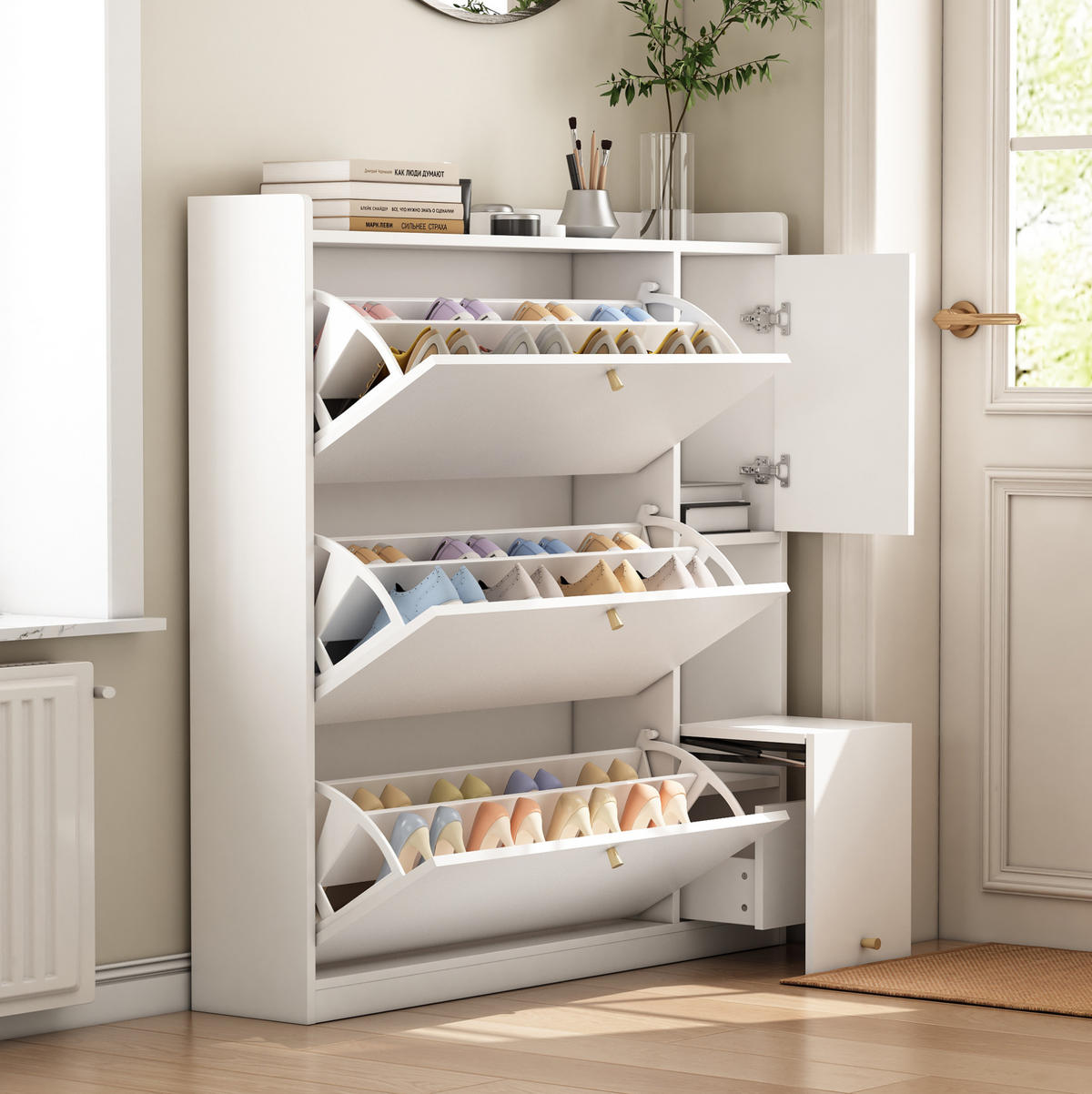 SCHUHSCHRANK mit Klappen 119/24/122 cm in Weiß mit Sitzbank und Schublade - Weiß, Holzwerkstoff (119/122/24cm) - BEAOK