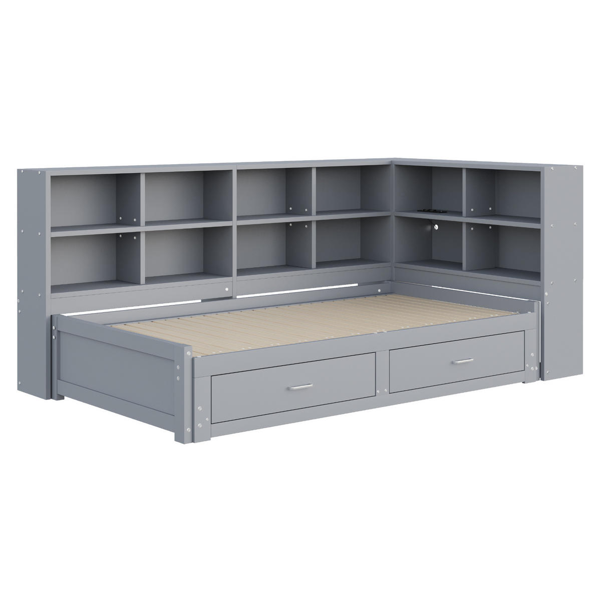 KREVET na razvlačenje od borovine 90/180x190 cm sivi s utičnicom, spremištem i ladicama - siva, drvni materijal (90/190cm) - Modfu