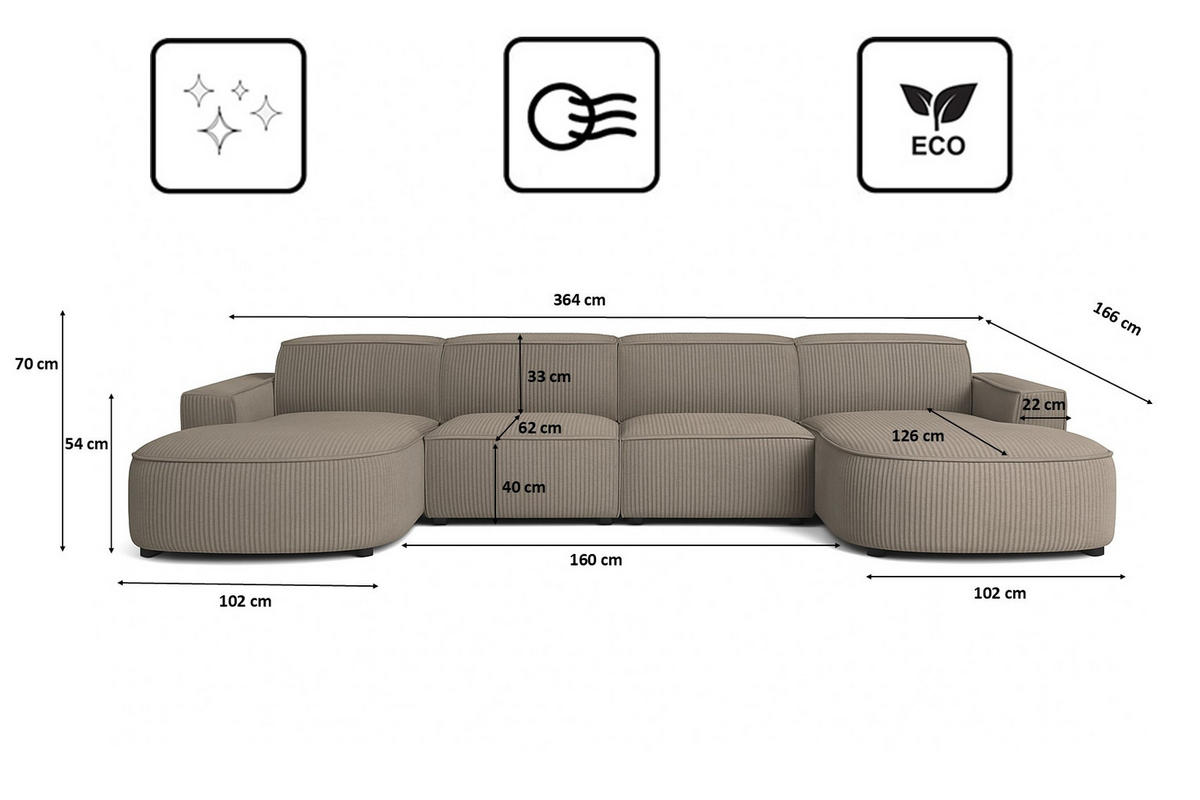 ECKSOFA Cursal Round U-Form, Stoff Poso, Dunkelbeige - Beige, Holz (364/166cm) - Kaiser Möbel