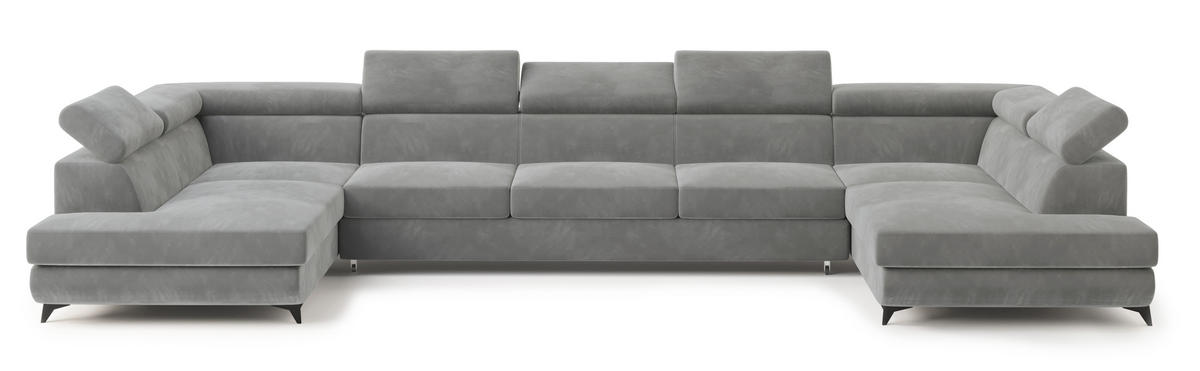 WOHNLANDSCHAFT URMANO Hellgrau Velours-Stoff mit Schlaffunktion - Hellgrau, Holz (395/89/190cm) - MASSENO