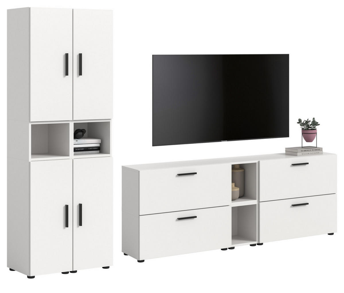 WOHNWAND weiß 256 x 178 cm, Schrankwand mit Soft-Close - Schwarz/Weiß, Holzwerkstoff/Kunststoff (256/151/34cm) - Inn.Furn