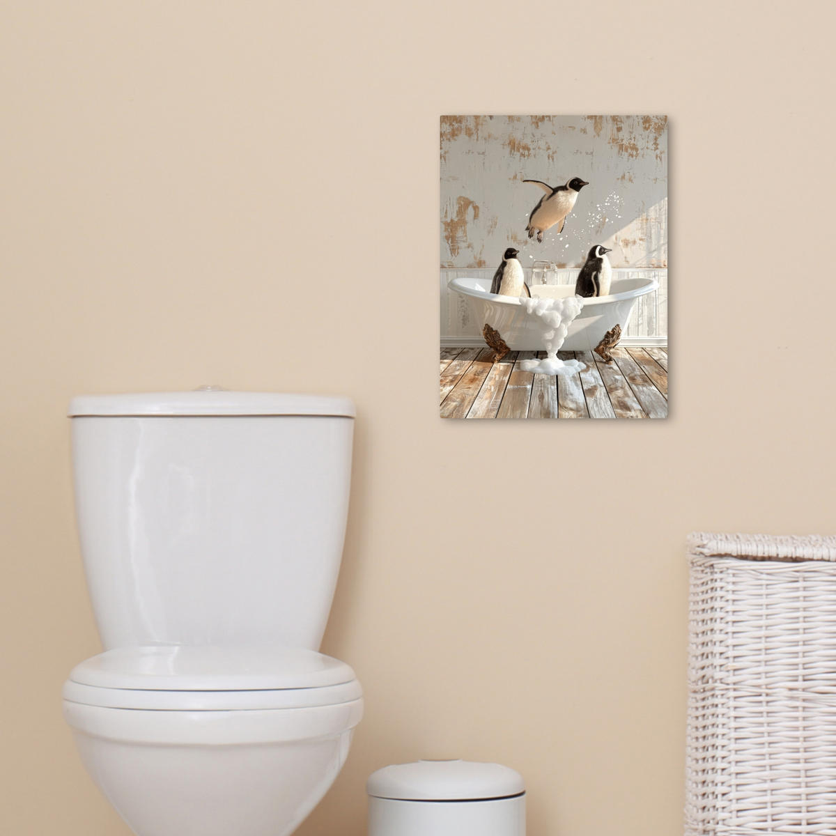 LEINWANDBILD Vintage - Pinguin - Badewanne - Schaumstoff 30x40 cm - Schwarz, Textil (30/40cm) - MuchoWow