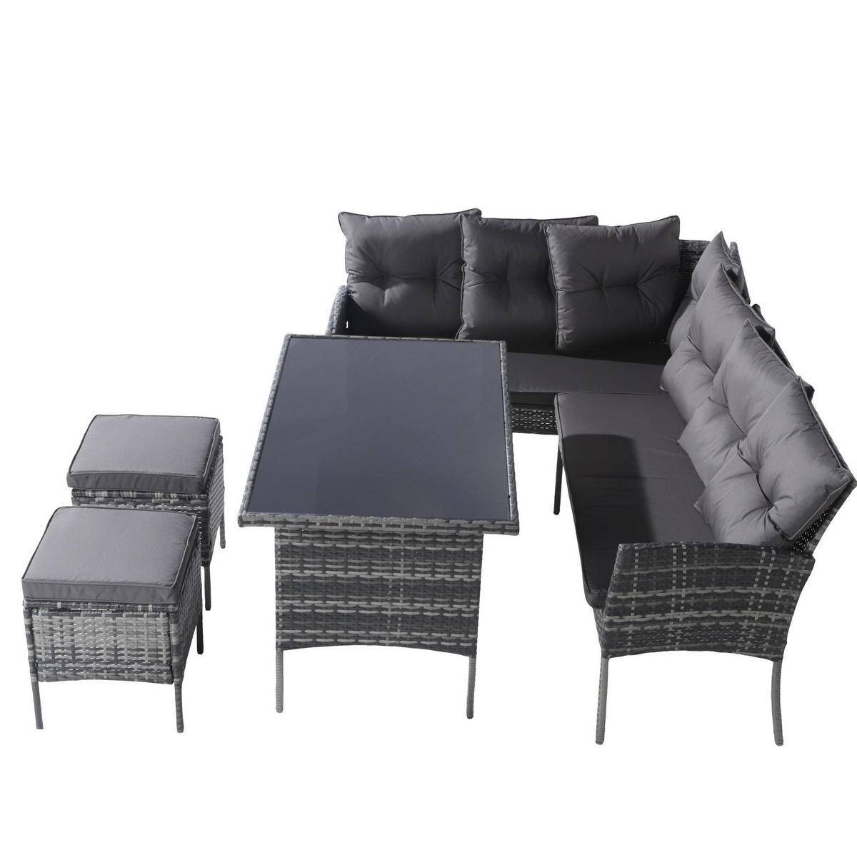 GARTENLOUNGE 195/51/78 cm grau aus PE-Rattan mit Tisch, Hockern und waschbaren Kissen - Grau, Metall - OKWISH
