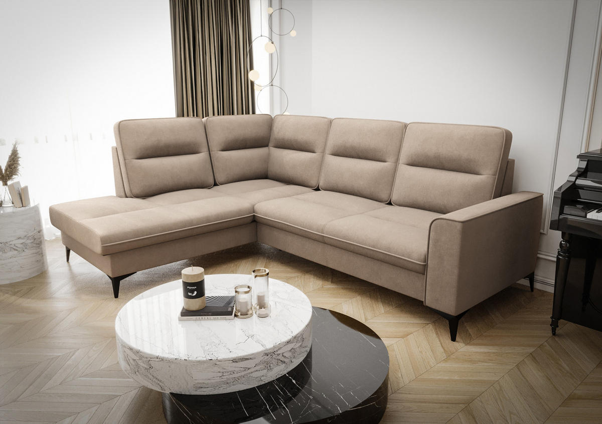 ECKSOFA KONGO RBN14, Eckcouch in L-Form mit Schlaffunktion, Farbe: Beige, Velourstoff, Ottomane Links - Beige, Textil (260/200cm) - O-Sofa