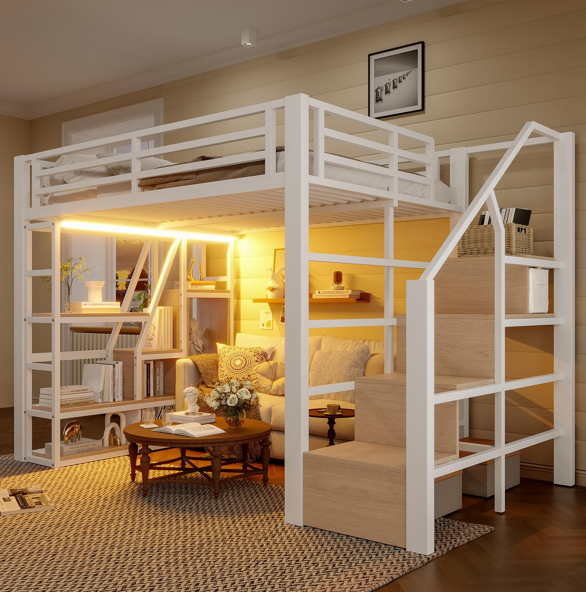 HOCHBETT 140/200 cm Weiß aus Metall und MDF mit LED-Lichtleiste - Weiß, Holzwerkstoff (140/200cm) - OKMYHOME