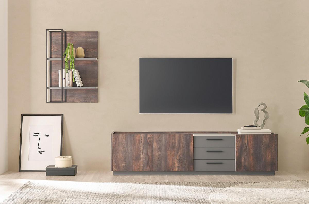 WOHNWAND Thermo Eiche, grau, Wohnkombination 3-teilig mit Soft-Close 300 x 200 cm - Eichefarben/Grau, Holzwerkstoff/Metall (300/200/45cm) - Furn.Design