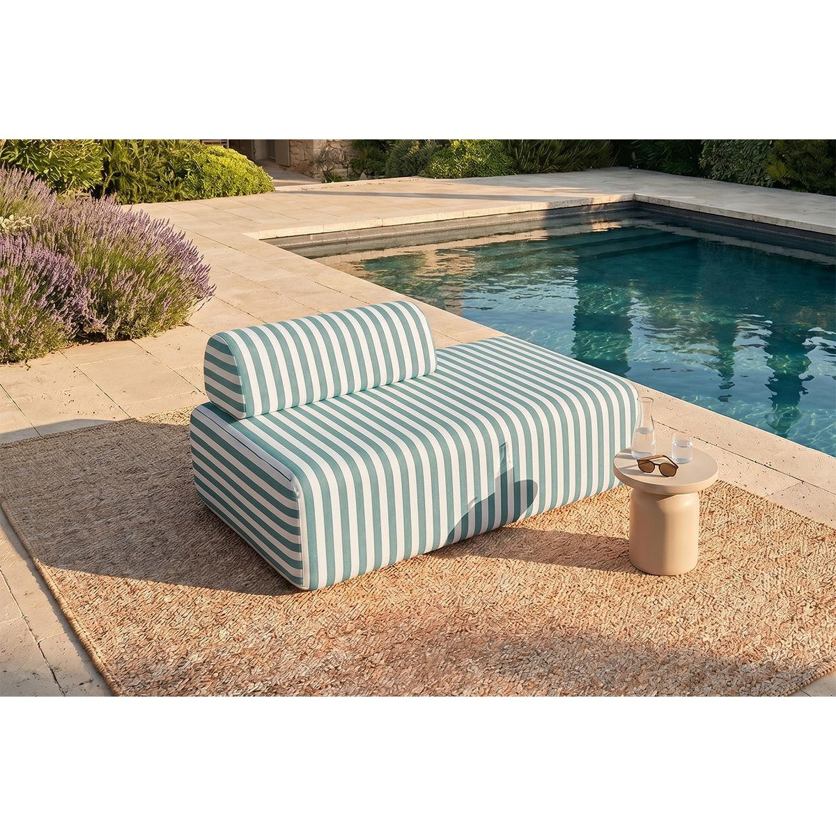 ZWEISITZER-GARTENSOFA mit Streifen in Weiß und Türkisblau - Türkis, Textil (95/70.5/148cm)