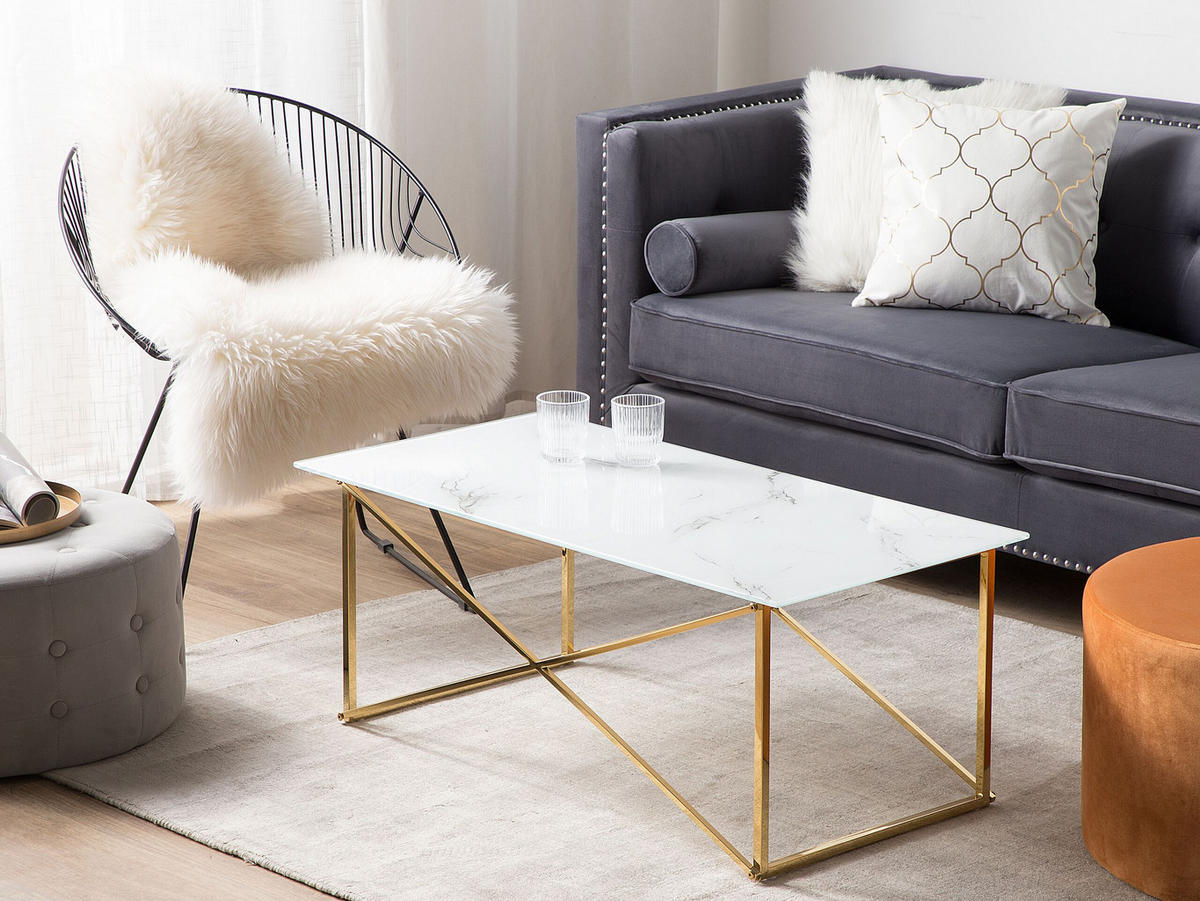 COUCHTISCH Marmor Optik weiß/gold rechteckig 100/50 cm Emporia - Goldfarben/Weiß, Glas (50/100/40cm) - Beliani