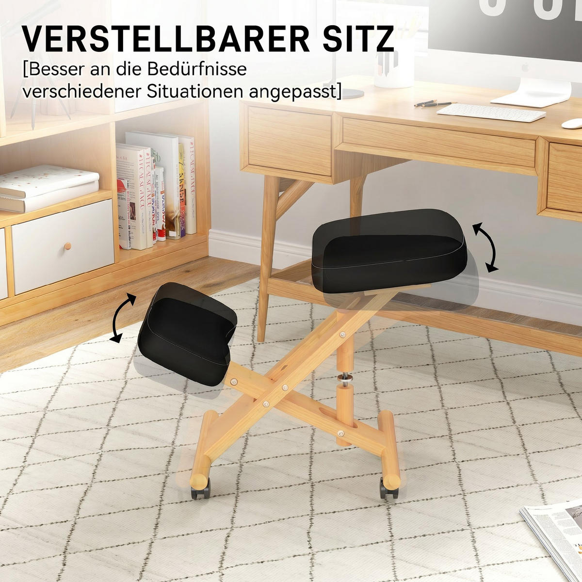 KNIESTUHL Kunstleder, Gummibaumholz Schwarz - Schwarz, Holz (42/47/70cm) - HOMCOM