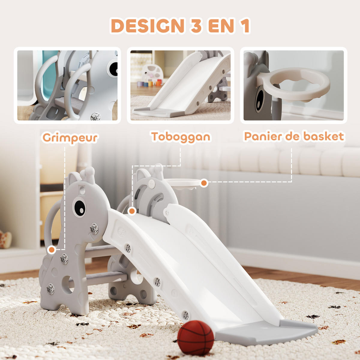 KINDERRUTSCHE DE-17981 3-in-1 mit Basketballkorb & Kletterelement Grau - Grau, Kunststoff (51.5/52/106cm) - ComfortXL