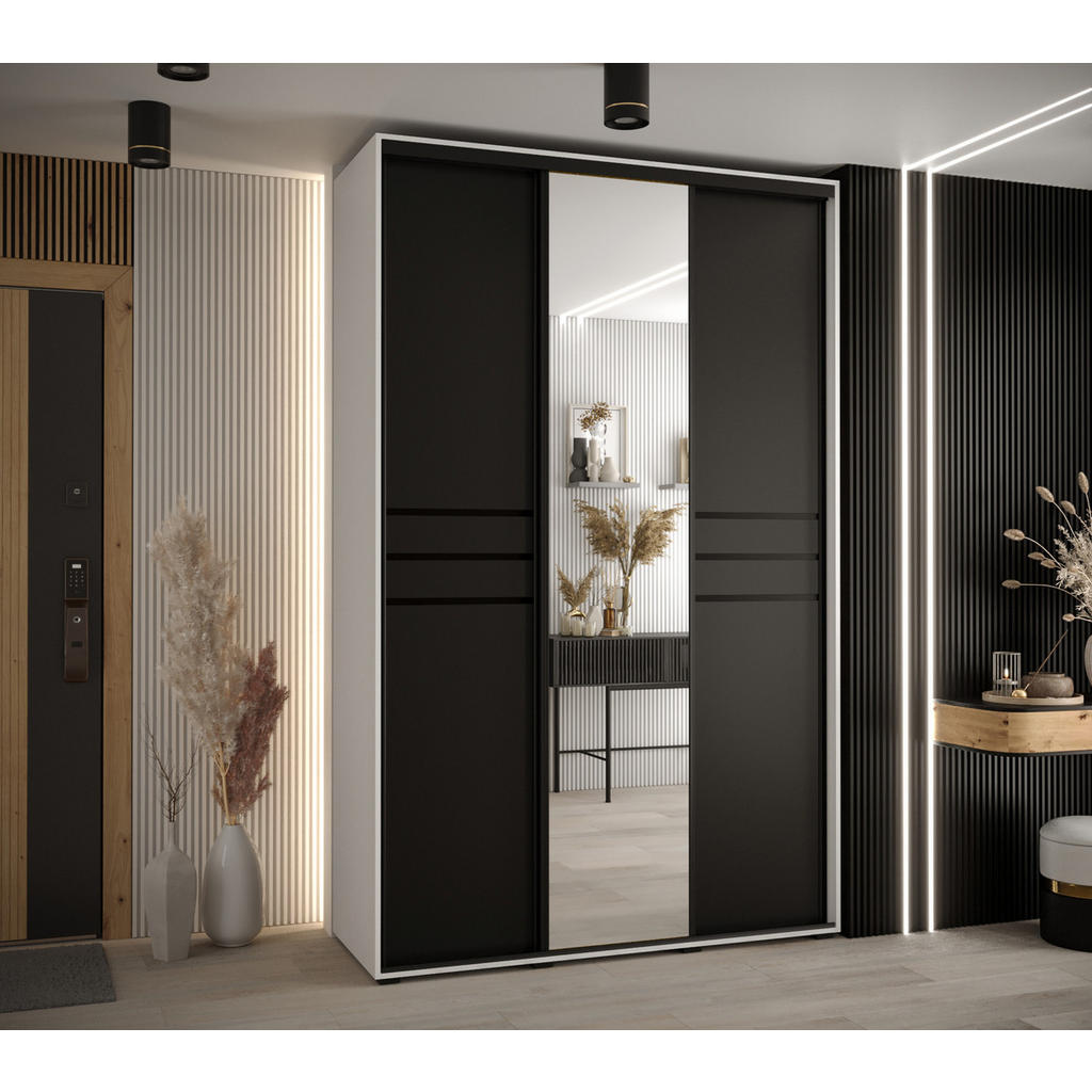 Thumbnail - Abiks Möbel Schwebetürenschrank, Weiß, Schwarz, Schwarz, Metall, Nachbildung, 6 Fächer, 150x235x45 cm, Schlafzimmer, Kle...