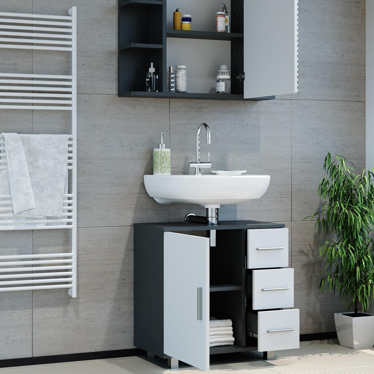 BADMÖBEL-SET Ilias Weiß/Anthrazit 2 Teile, Unterschrank 80 cm - Anthrazit/Weiß, Holzwerkstoff (80.2/60.8/33cm) - Vicco