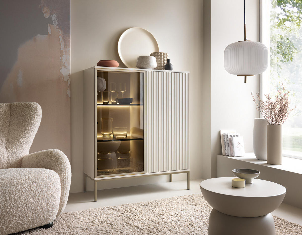 HIGHBOARD mit geriffelter Front, 104×126×39 cm, Kaschmir / Gold - Beige, Holzwerkstoff (104/126/39cm) - 3XE LIVING