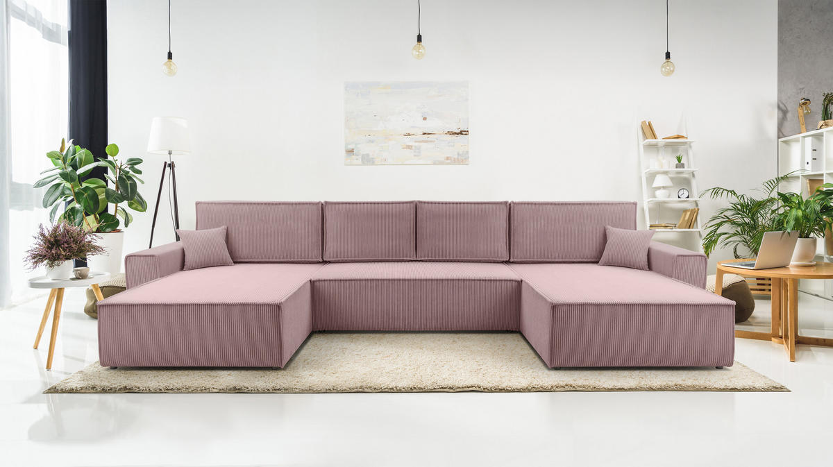 WOHNLANDSCHAFT Cedria Lavendel 389/145/85 cm mit Schlaffunktion - Hellrosa/Schwarz, Kunststoff/Textil (389/85/145cm) - AX Living