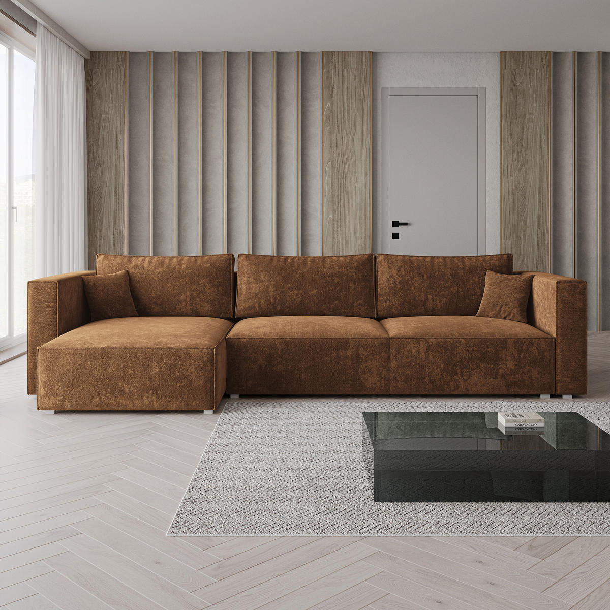 ROHOVÁ Sedačka TOLMO LUMO 35, Světle hnědá - šedá/světle hnědá, dřevo/textil (347/148cm) - MASSENO