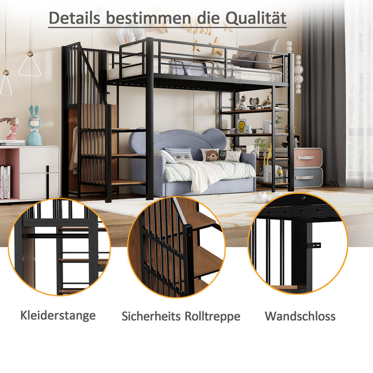 HOCHBETT 90/200 cm Schwarz mit Sicherheitstreppe und Stauraum - Schwarz, Metall (90/200cm) - OKWISH