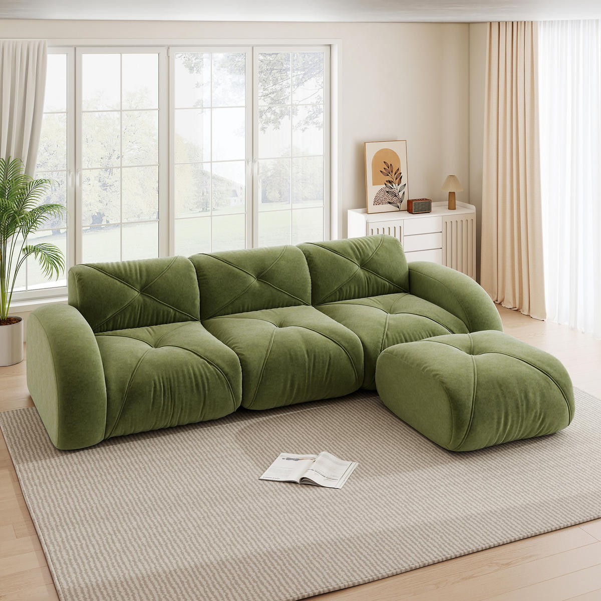 3-SITZER ECKSOFA Chenille Grün mit Hocker - Grün, Textil (281/171cm) - WISHDOR