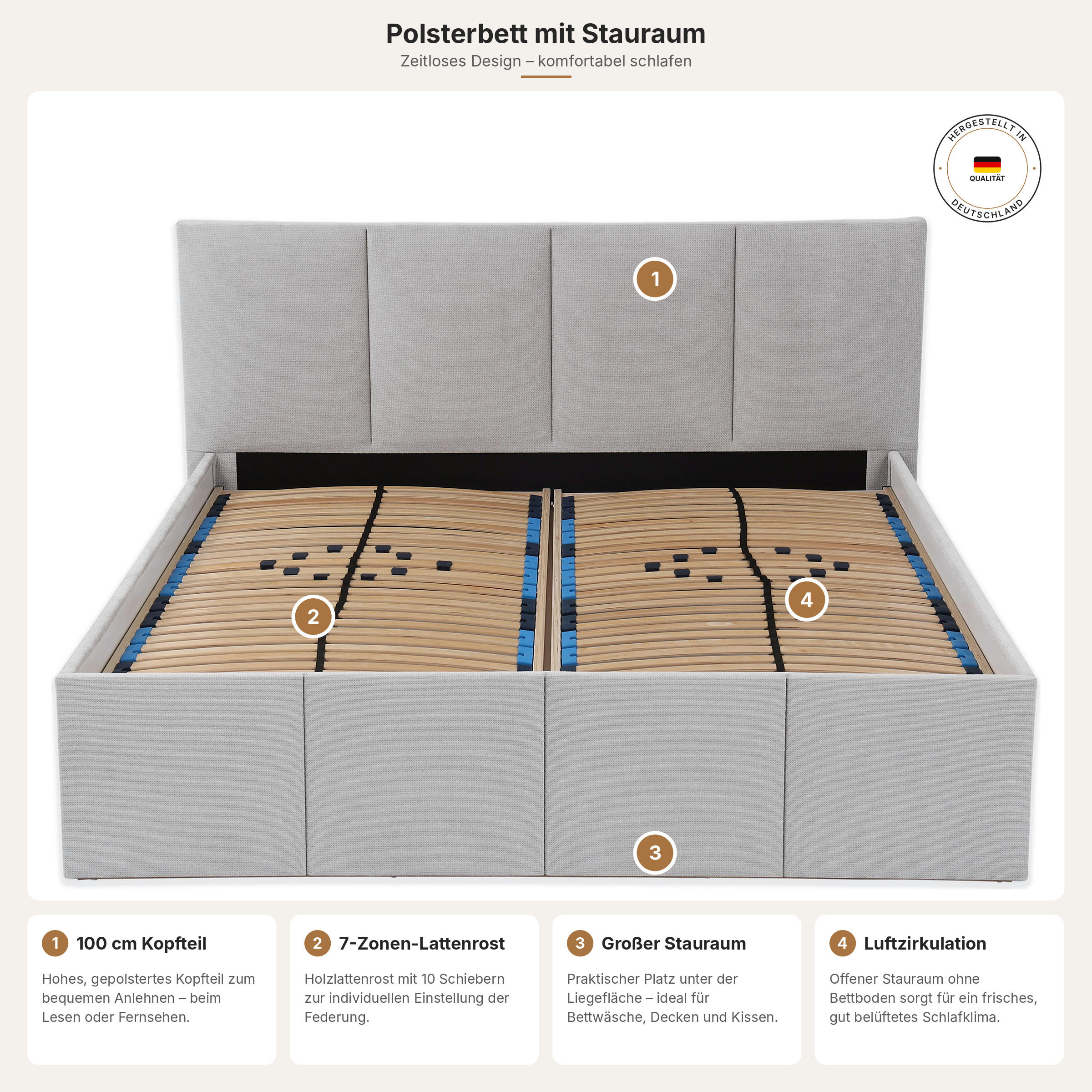POLSTERBETT Dalas Grau 200 x 200 x 40 cm Stauraum Mit hochwertiger Matratze H2 (bis 100 kg) und Lattenrost - Grau, Holz (200/200cm) - Halmon Schlafkomfort Betten 