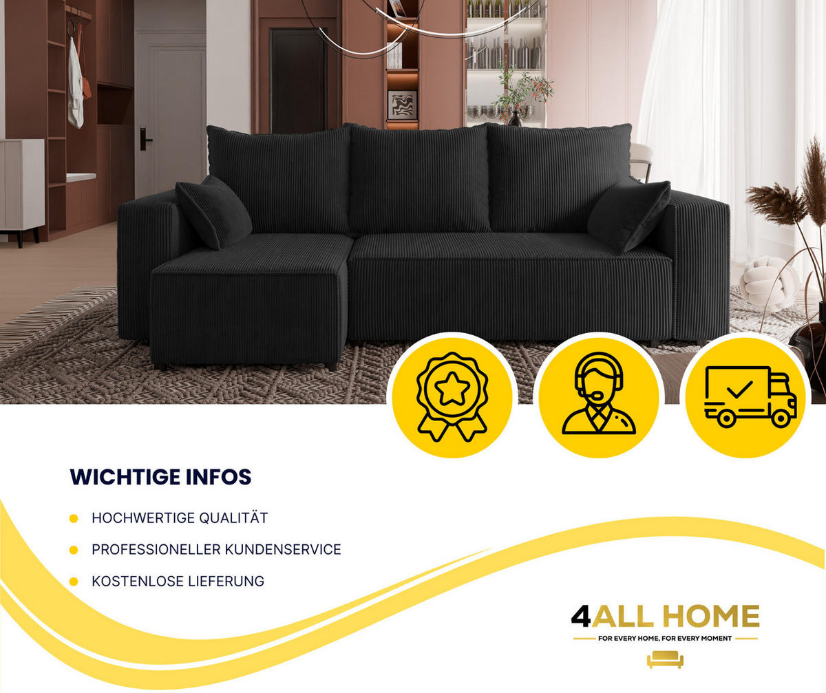 ECKSOFA Tobi mit Bettkasten und Schlaffunktion, L-Form, Cordstoff, Universal - Schwarz, Holzwerkstoff (246/145cm) - 4ALL HOME