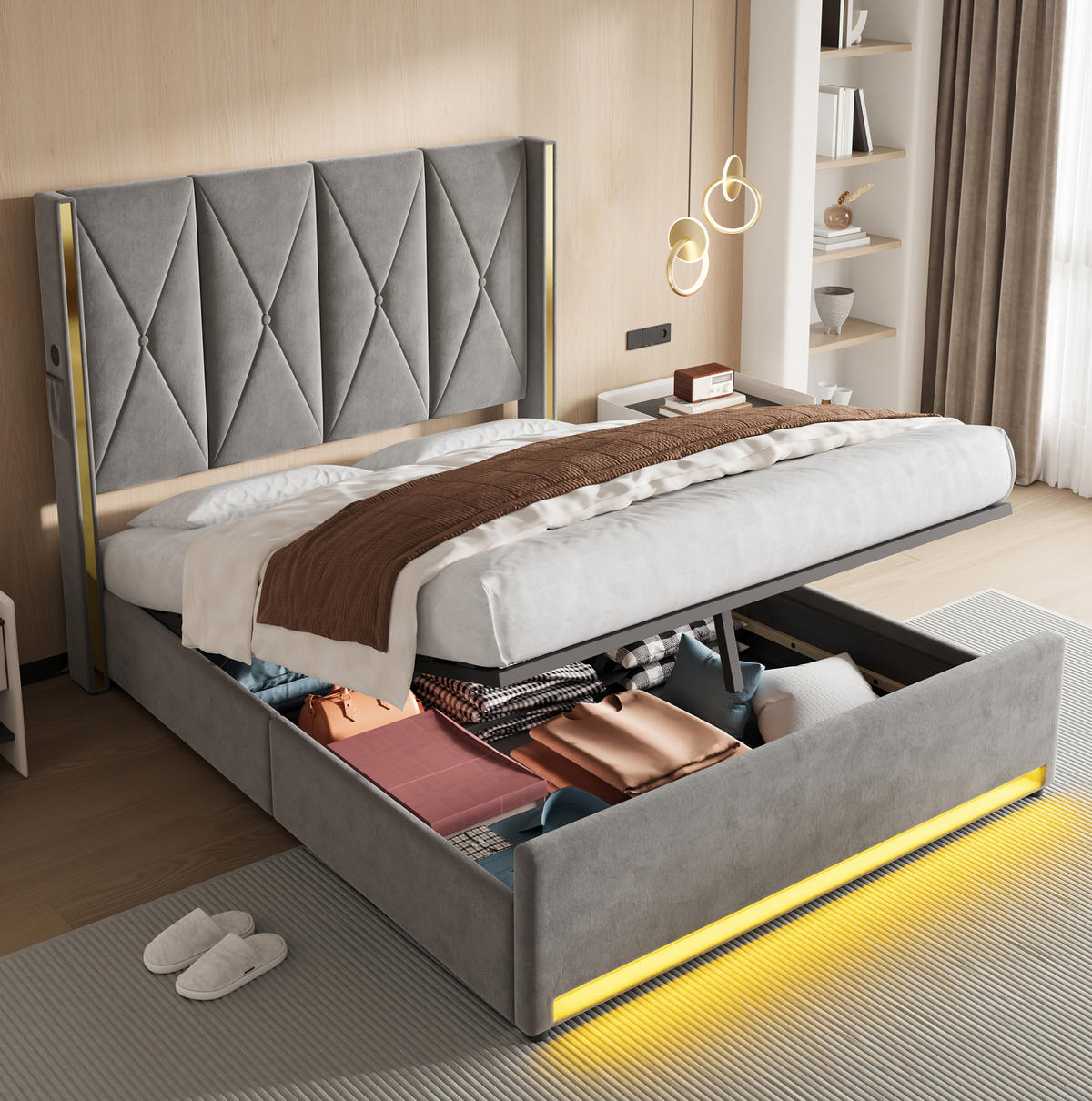 POLSTERBETT 160/200 cm mit LED-Beleuchtung, USB- und Type-C-Anschluss, Bettkasten und Seitentaschen, Dunkelgrau - Dunkelgrau, Textil (160/200cm) - Redom