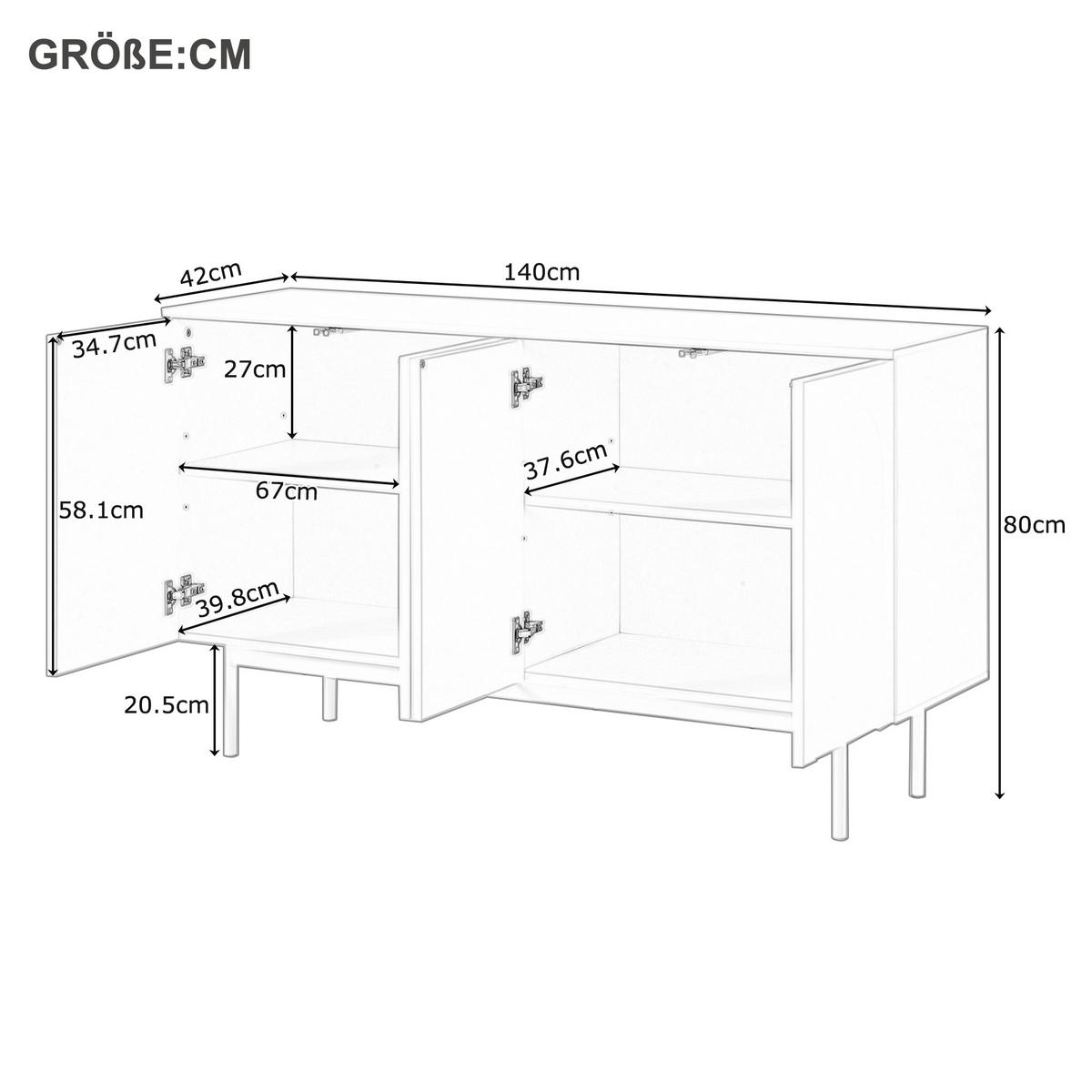 SIDEBOARD mit Druck-zu-Öffnen Türen, 140/42/80cm - Weiß, Holzwerkstoff (140/80/42cm) - Urban Meuble