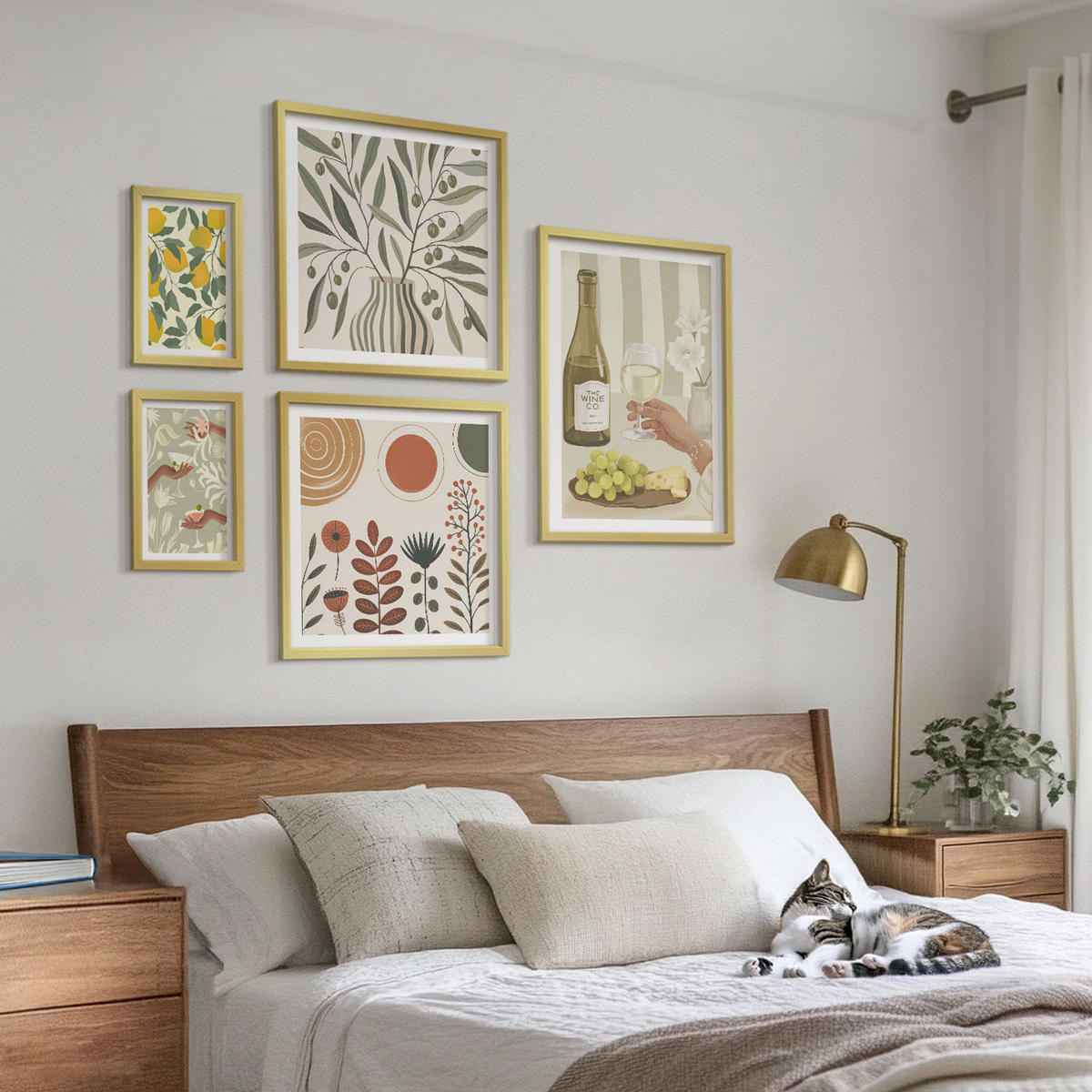 BILDER SET 5er Set - 50x50 cm & 20x30 cm & 40x60 cm Goldrahmen - Blumenmuster in Orange und Grün - Goldfarben, Kunststoff (40/60cm) - TULUP