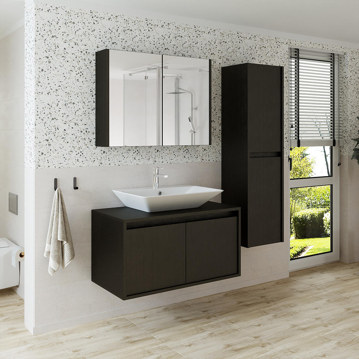 BADMÖBEL Set ATLANTIC-85 4-teilig - Schwarz, Holzwerkstoff (85/150/45cm) - Roomart