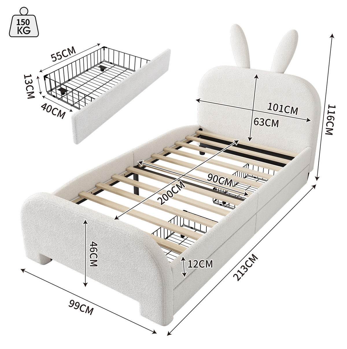 BETT 90/200 cm Weiß aus Plüsch und MDF mit 2 Schubladen - Weiß, Textil (90/200cm) - OKMYHOME