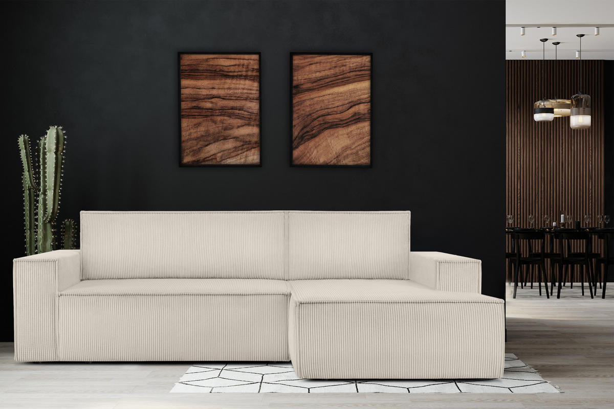 ECKSCHLAFSOFA-RECHTS NAPI in Pet Friendly Cord-Stoff, ecrufarben - Creme/Schwarz, Textil (262/148cm) - KONSIMO®