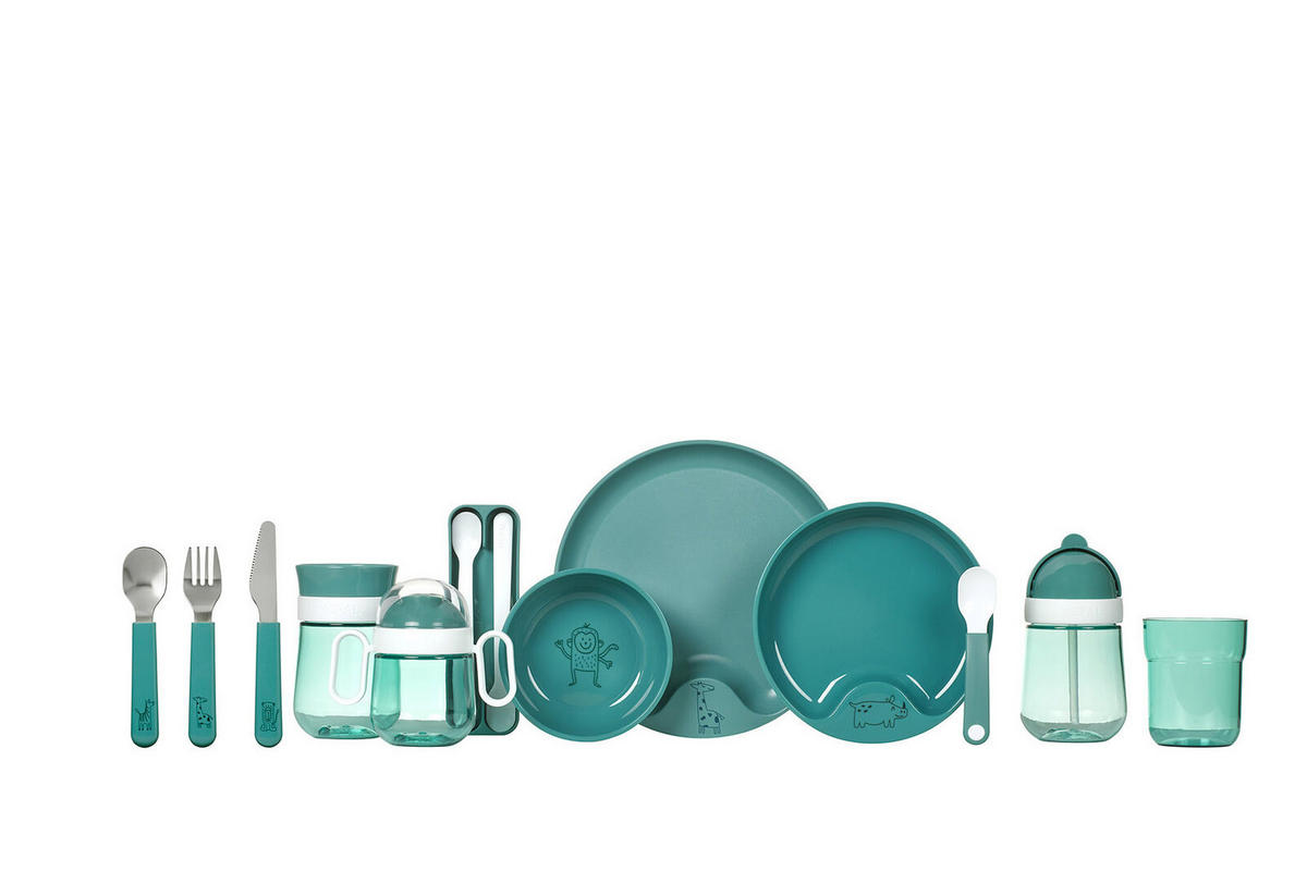 KINDERTELLER MIT BESTECK Mio deep turquoise ø 22 cm - Türkis, Kunststoff (22/2/22cm) - Mepal