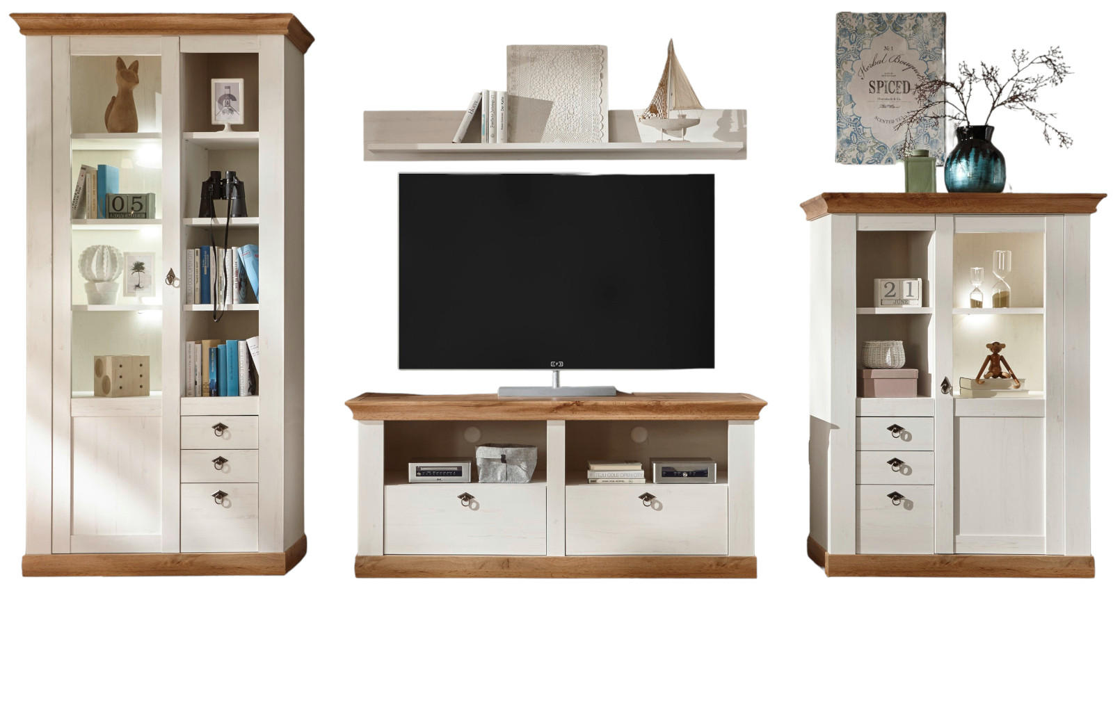 WOHNWAND weiß Pinie, Eiche Wotan 4-teilig 376 cm, Schrankwand mit viel Stauraum - Silberfarben/Eiche Wotan, Glas/Holzwerkstoff (376/204/52cm) - Furn.Design