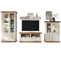 WOHNWAND weiß Pinie, Eiche Wotan 4-teilig 376 cm, Schrankwand mit viel Stauraum - Silberfarben/Eiche Wotan, Glas/Holzwerkstoff (376/204/52cm) - Furn.Design