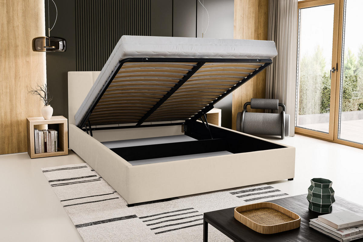 POLSTERBETT LISA mit Kopfteil, 180 x200 cm, Doppelbett mit Bettkasten und Lattenrost aus Velourstoff, Velourstoff, Frabe: Beige - Beige, Holz/Kunststoff (180/200cm) - VENASI MÖBEL