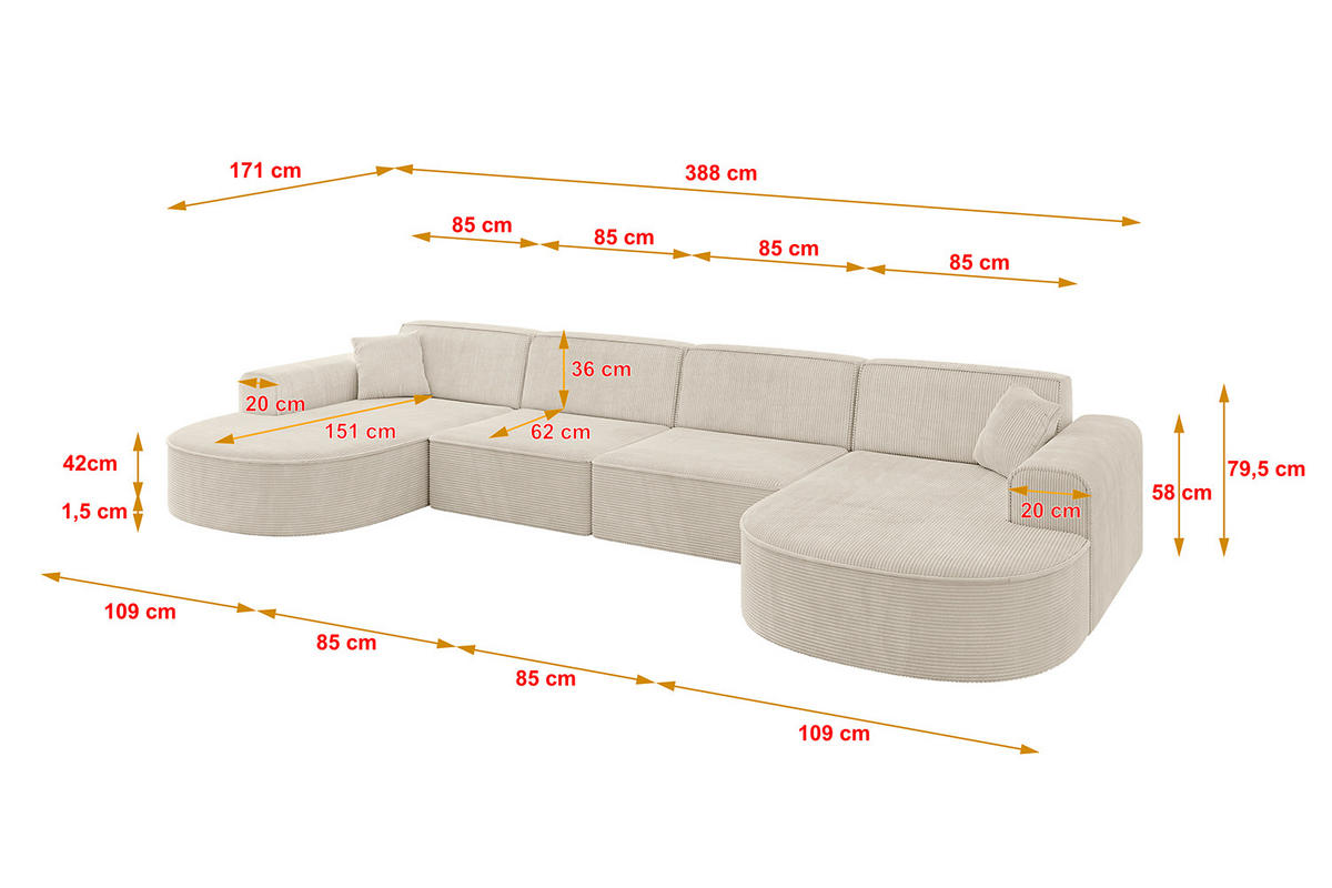 WOHNLANDSCHAFT MARI-U2 - 388x171x79 cm Beige Cord - Beige/Schwarz, Holzwerkstoff/Kunststoff (388/79/171cm) - ALTDECOR