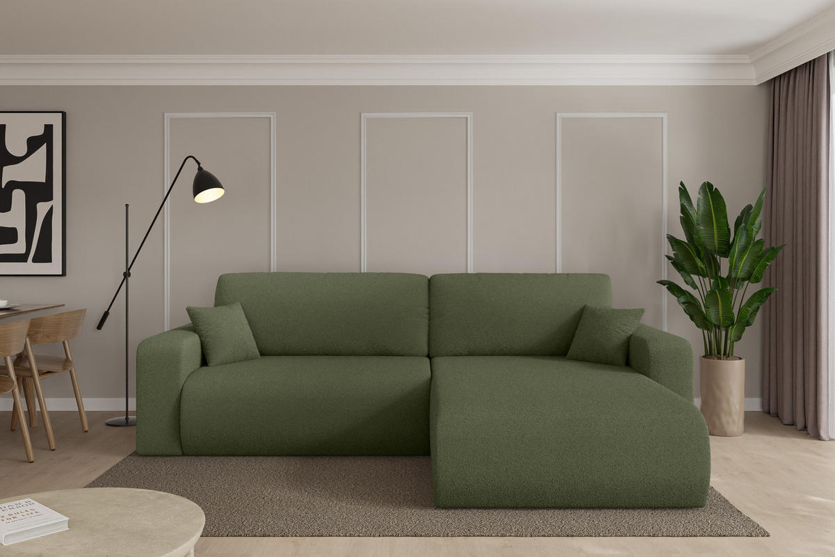 ROHOVÁ SEDAČKA s funkcí spaní, otoman vpravo BERY-L 276x193x88 zelená bouclé - černá/zelená barva, kompozitní dřevo/textil (276/193cm) - ALTDECOR