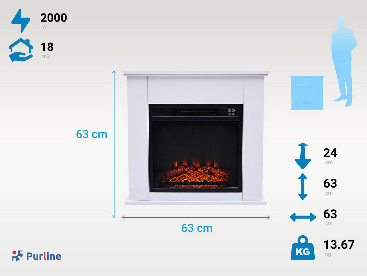 ELEKTROKAMIN Weiß Wandmodell mit Heizung 2000 W - Weiß, Glas (63/63/24cm) - Purline